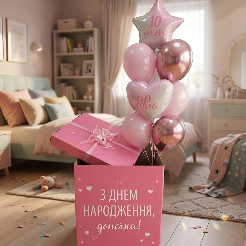 Коробка з кульками на день народження для донечки «Surprise»