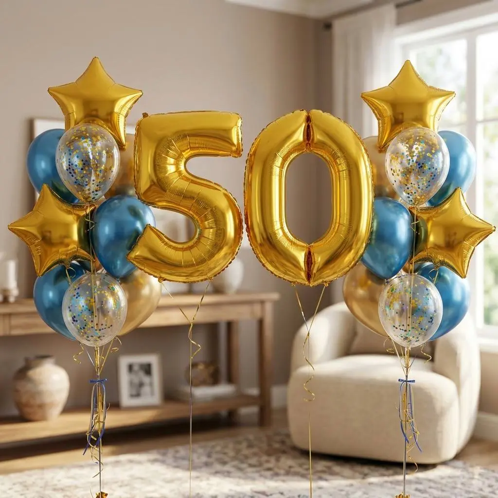 Повітряні кульки із золотими цифрами 50 на день народження
